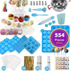 554PCS Cake Pop Maker Kit - Silicone Lollipop Molds Baking Supplies with 3 Tier Display Stand | Chocolate Candy Melting Pot | Bags and Twist Ties
