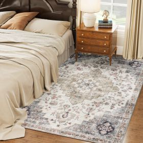 5x7 Area Rug, Vintage Machine Washable Rug, Non-Slip Carpet For Living Room, Bedroom, Dining Room, Brown And Green (Color: green)